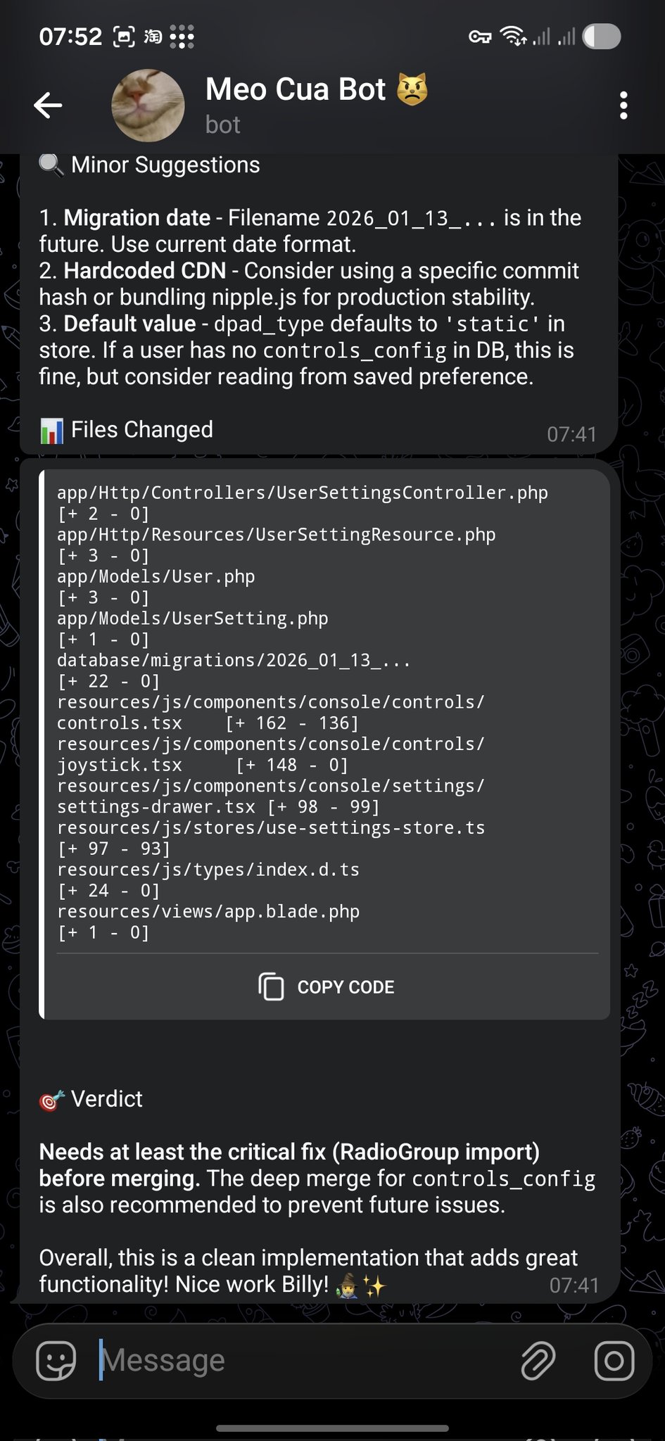 Clawdbot 通过 Telegram 提供 PR 评审反馈